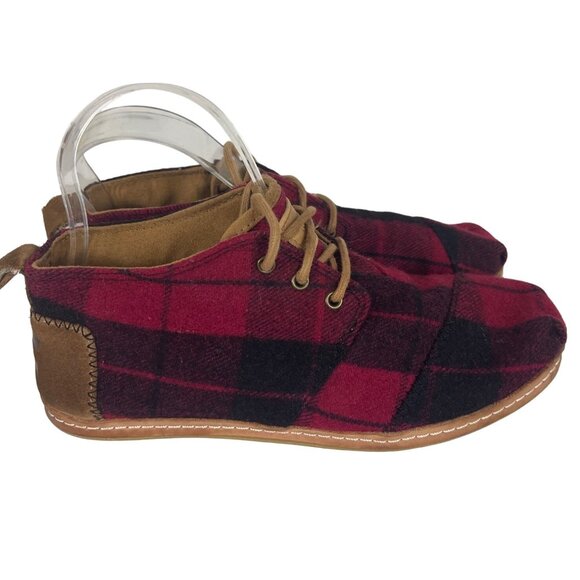Toms Shoes - TOMS Womens Bota Booties Size 7 Red Plaid Felt on Leather Lace-Up Ankle Boots